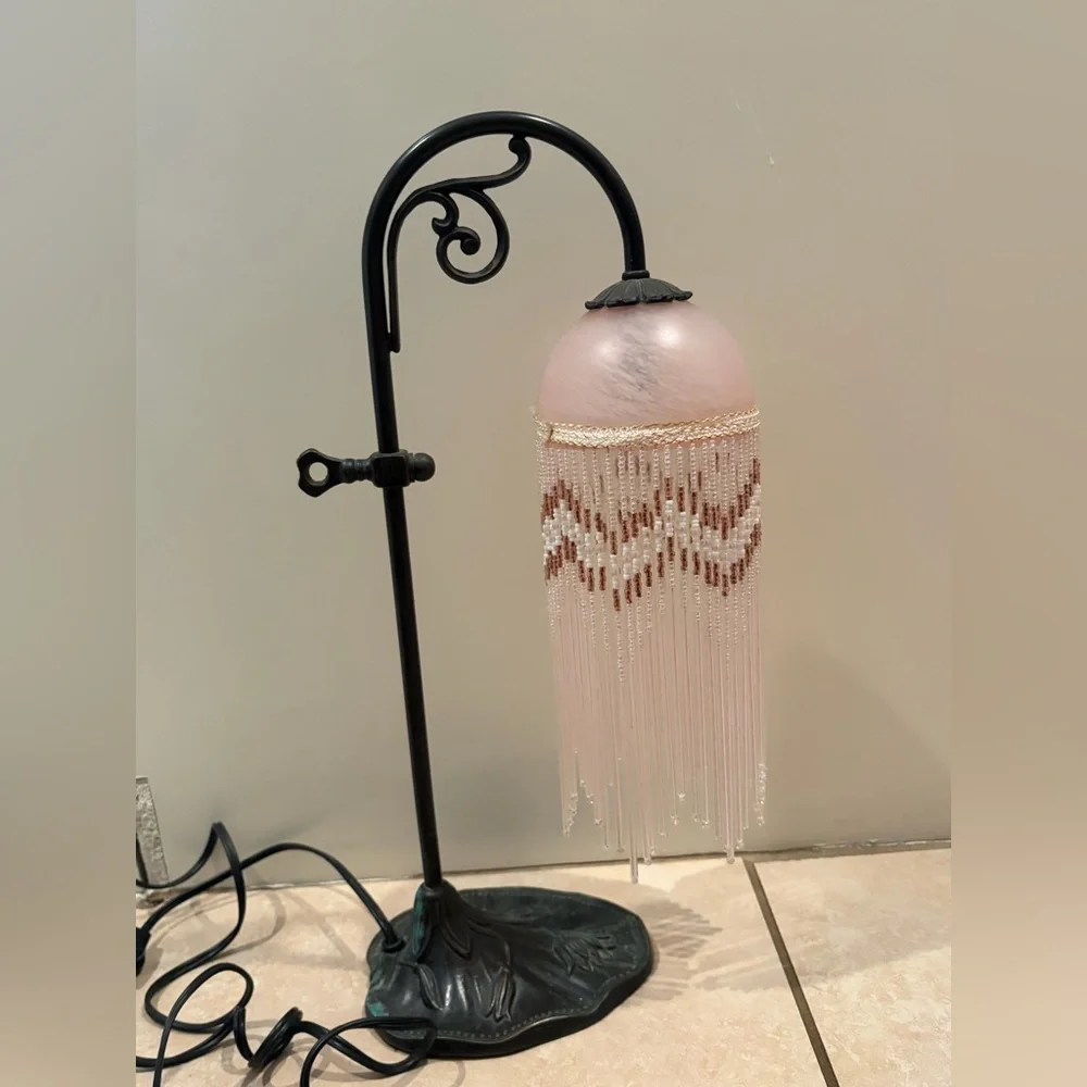 Vintage Victorian Style Beaded Glass Boudoir Table Light Lamp, Metal Leaf Base